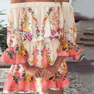 One Line Collar Knee Length Printed Dress Sexy Floral Dress Waist Loose Dress