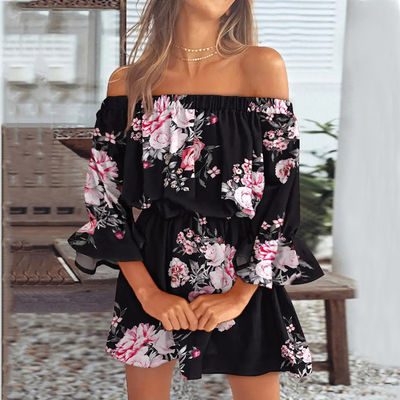 One Line Collar Knee Length Printed Dress Sexy Floral Dress Waist Loose Dress