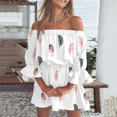 One Line Collar Knee Length Printed Dress Sexy Floral Dress Waist Loose Dress