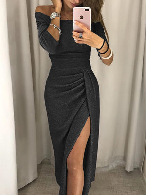 Glitter Wanita Slim Pakaian Malam Tas Hip Pakaian Slit Neckline Pakaian Makan Malam Pakaian