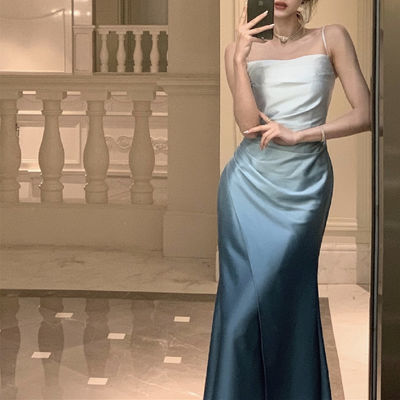 Satin Gradient Slip Gaun Malam Gaun menawan Slimming Gaun Formal