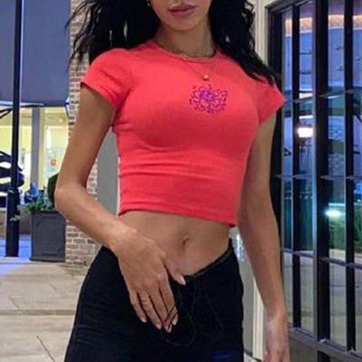 Leher Bulat Sexy T-Shirt ketat Warna padat Sexy Crop ketat Fit Short Sleeve Shirt
