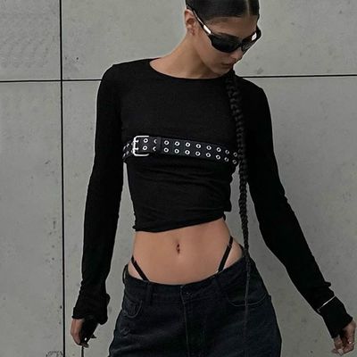 Fashion Spice T-Shirt ketat seksi bulat leher langsing lengan panjang T-Shirt pola padat