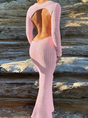 Wool Woven Open Back Maxi Dress seksi berongga lubang jaring lengan panjang gaun tanpa punggung