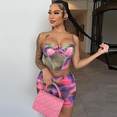 Fashion Crop Top Set Rok Pendek Cetak Halter Slim Fit 2 Piece Set Rok Pendek