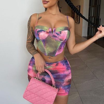 Fashion Crop Top Set Rok Pendek Cetak Halter Slim Fit 2 Piece Set Rok Pendek