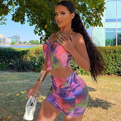 Fashion Crop Top Set Rok Pendek Cetak Halter Slim Fit 2 Piece Set Rok Pendek