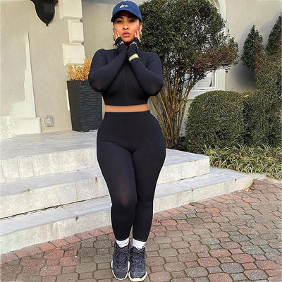 Zipper Dua Bagian Sport Set Tinggi leher Slit bordir Surat seksi Gym Wear