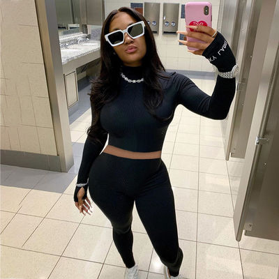 Zipper Dua Bagian Sport Set Tinggi leher Slit bordir Surat seksi Gym Wear