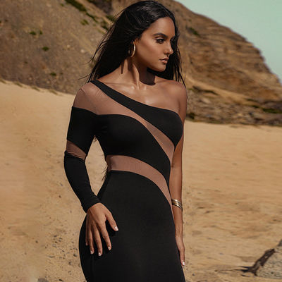 Customized Satu Bahu Midi Gaun Fashion Mesh Perspektif Kepalanya miring Gaun seksi