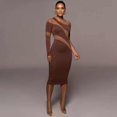 Customized Satu Bahu Midi Gaun Fashion Mesh Perspektif Kepalanya miring Gaun seksi