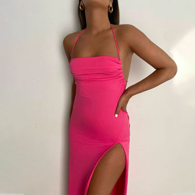 Long Halter Neck Dress Fashion Sexy Halter Neck Strap Dress Slim Slit Dress Wanita