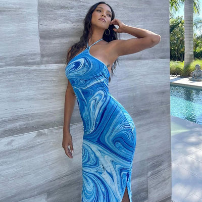 Sexy Halter Neck Dress Sleeveless Halter Print Dress Musim panas