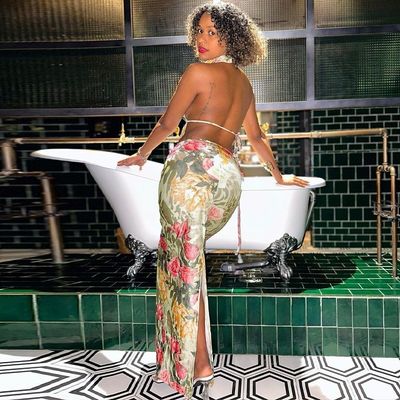 Seksi tanpa punggung tanpa tali atas langsing Split Skirt V leher panjang