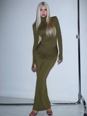 Custom Slim Solid Color Hip Wrap Dress leher tinggi lengan panjang
