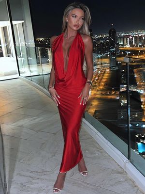 Ukuran XL Fashion Wanita Pakaian Temperament seksi V Neck Halter Slim Gaun tanpa lengan