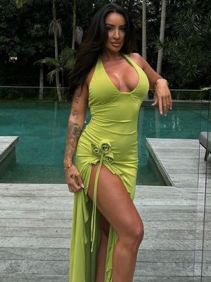 Custom Musim semi dan musim panas Fashion Baru Warna Solid seksi Langsing Pinggang Tinggi V-neck Halter Pakaian Wanita