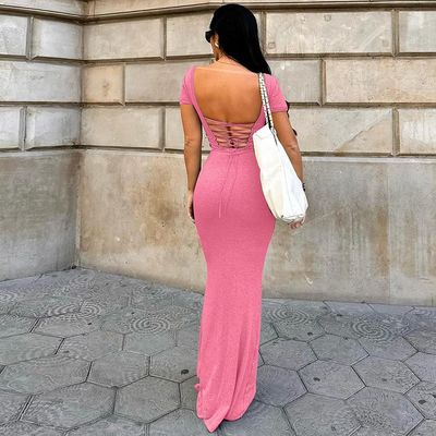 Musim semi musim panas Custom New Fashion seksi Halter gaun lengan pendek