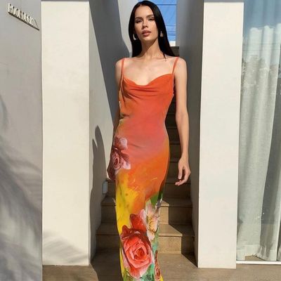 Custom wanita fashion baru seksi tanpa punggung cetakan halter gaun