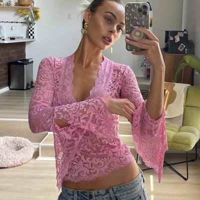 Baru seksi dalam V ramping-fit semua potong pendek khusus renda lengan panjang Spice Girl gaya renda atas