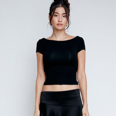 Hot langsing seksi tanpa punggung pendek tanaman gaya jalanan lengan pendek T-shirt wanita