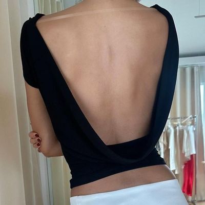 Hot langsing seksi tanpa punggung pendek tanaman gaya jalanan lengan pendek T-shirt wanita