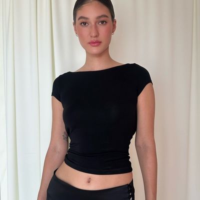 Hot langsing seksi tanpa punggung pendek tanaman gaya jalanan lengan pendek T-shirt wanita