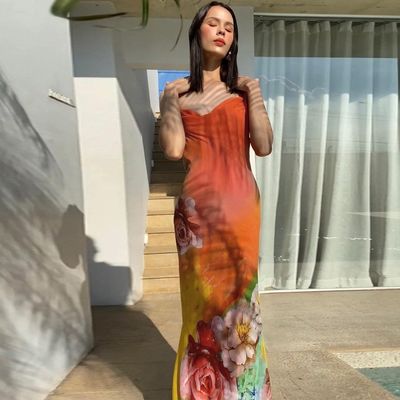 Fashion baru seksi tanpa punggung custom cetakan halter gaun