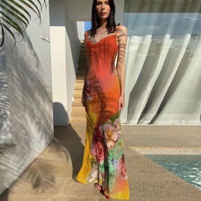 Fashion baru seksi tanpa punggung custom cetakan halter gaun