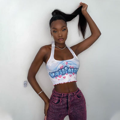 Wanita baru custom bergelombang tepi renda halter huruf dicetak rompi kecil