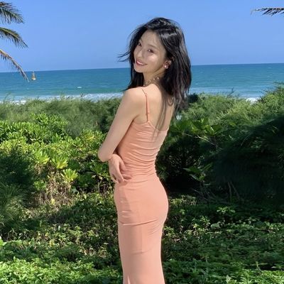 Satu baris leher Halter Halter seksi Fashion Pure Wind Slim Pinggang Pinggang Long Dress