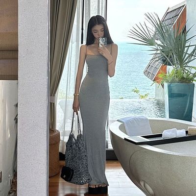 Satu baris leher Halter Halter seksi Fashion Pure Wind Slim Pinggang Pinggang Long Dress