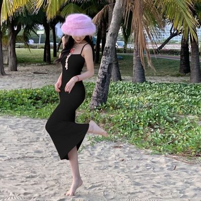 Satu baris leher Halter Halter seksi Fashion Pure Wind Slim Pinggang Pinggang Long Dress