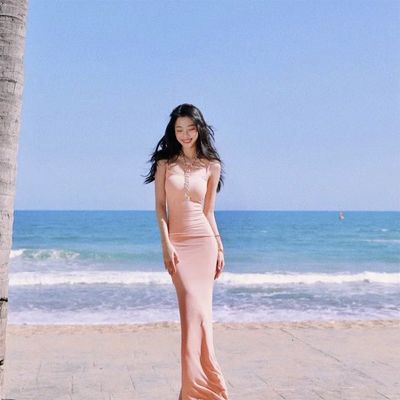 Satu baris leher Halter Halter seksi Fashion Pure Wind Slim Pinggang Pinggang Long Dress