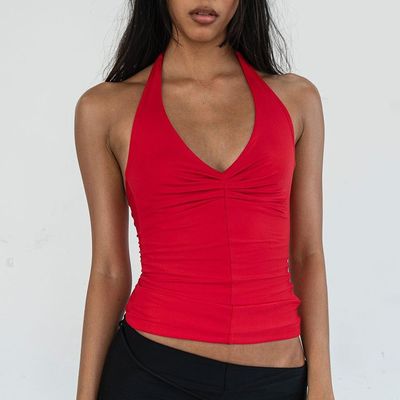 Musim panas baru warna padat V-neck halter tali ramping fit kecil top rompi