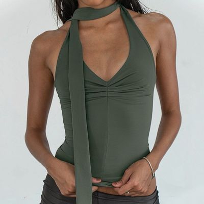 Musim panas baru warna padat V-neck halter tali ramping fit kecil top rompi