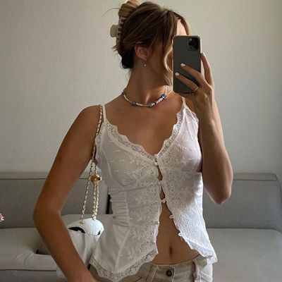 Gaya wanita American Spice Girl renda renda seksi V-neck cardigan gesper halter top rompi kecil