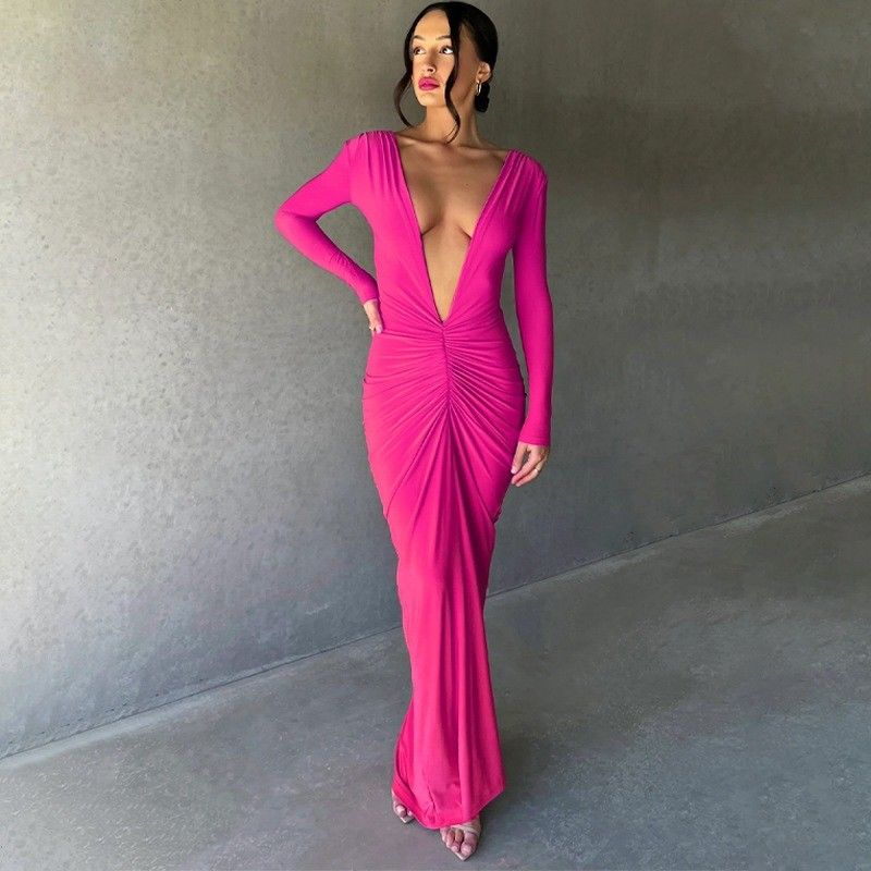 Pink Merah Gaun Wanita Bergaya Ringan seksi besar V leher Gaun tanpa punggung Lipat warna padat