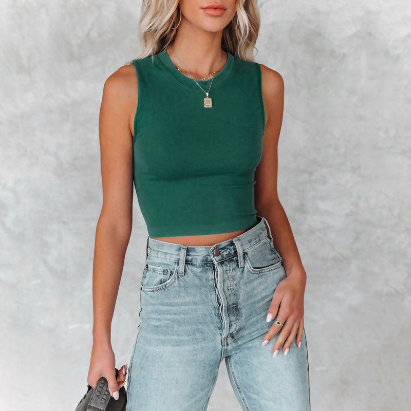 Wanita yang luar biasa tanpa lengan Tank Top Bergaya Solid Color Crew Neck Camisole