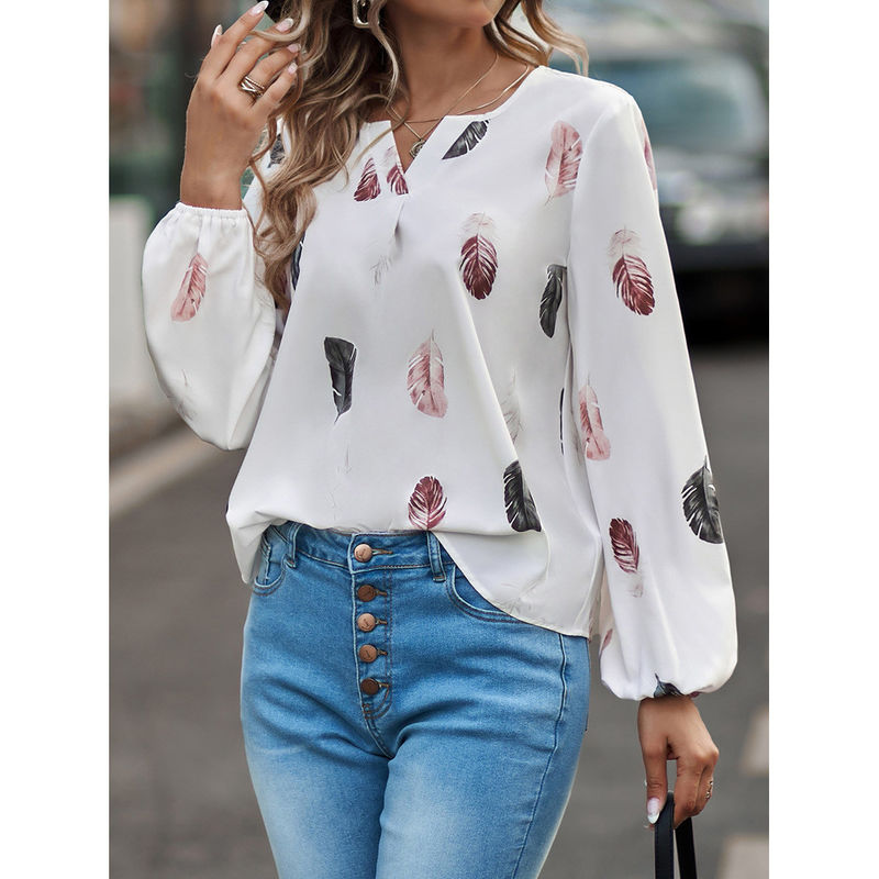 Wanita V-Neck bulu cetak T-shirt kasual long sleeve top