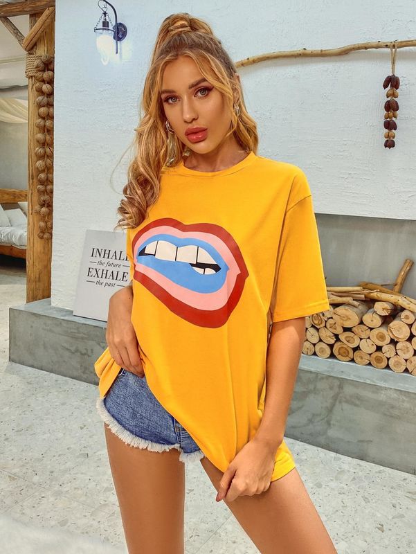 T-Shirt Dekal Nyaman Gaya Wanita Tank Top Cotton Lolos Lima Perempat Lengan