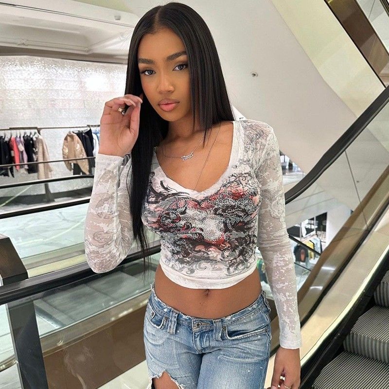 Sexy Decal T-Shirt Dewasa Fashion Print Slim Fit lengan panjang T-Shirt Top