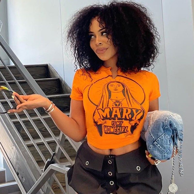 Hottie monogram cetak lengan pendek atas seksi Slim Fit T-shirt pinggang Hipster Tee