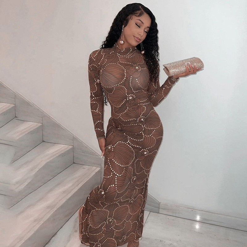 Pinggang Tinggi Slim Body Formal Dress Fashion Gauze Lihat Melalui Malam Dress Slim Fit