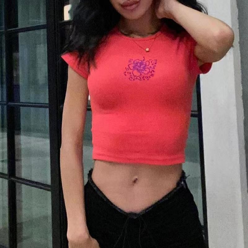 Leher Bulat Sexy T-Shirt ketat Warna padat Sexy Crop ketat Fit Short Sleeve Shirt