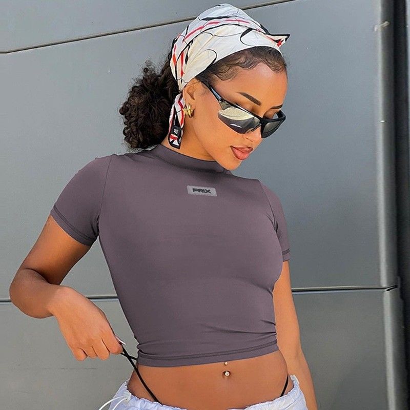Fashion Casual seksi ketat T-shirt pendek Slim Fit bulat leher Crop Top