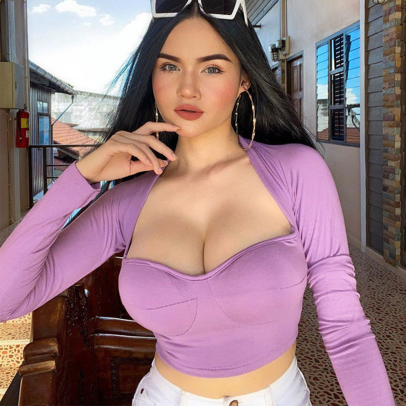V leher seksi ketat T-shirt Slim Fit seksi ketat Crop Tops lengan panjang leher pendek