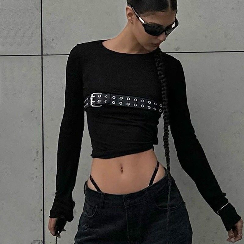 Fashion Spice T-Shirt ketat seksi bulat leher langsing lengan panjang T-Shirt pola padat