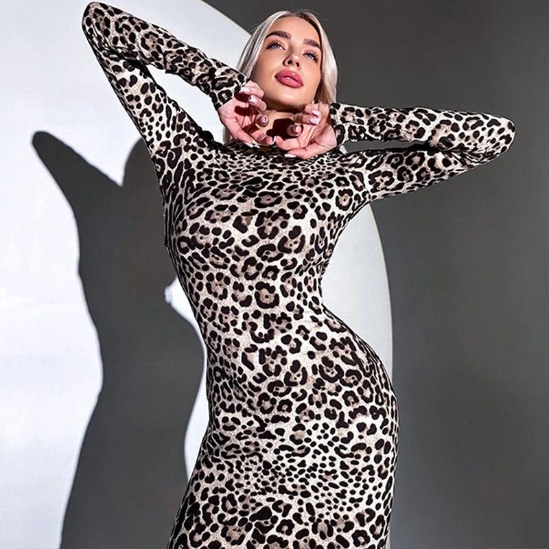 Fashion Print Halter renda Up Long Sleeve Dress S M L XL Ukuran
