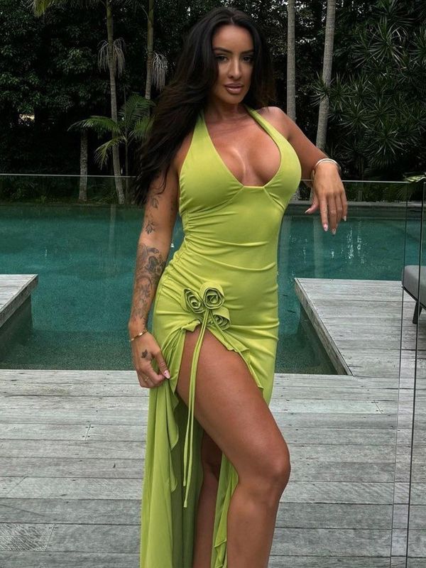 Custom Musim semi dan musim panas Fashion Baru Warna Solid seksi Langsing Pinggang Tinggi V-neck Halter Pakaian Wanita